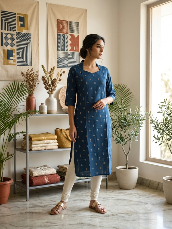 V SHAPED COLLAR PREMIUM FLEX COTTON KURTIS BLUE 0582