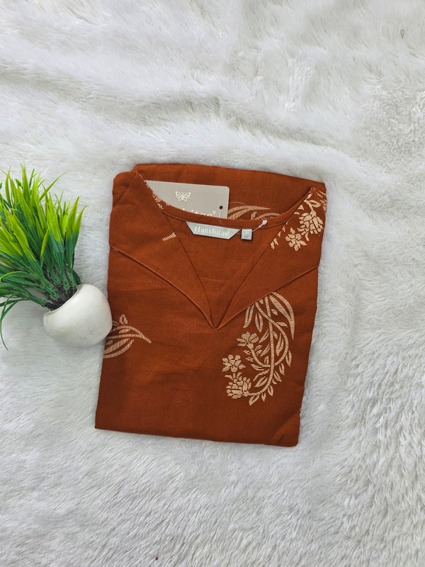 V COLLAR NECK PREMIUM COTTON KURTIS RUST 0599
