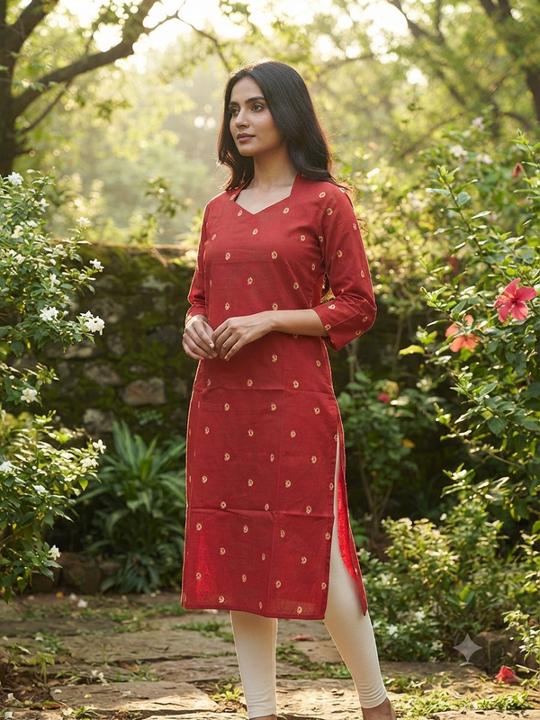 V COLLAR NECK PREMIUM FLEX COTTON KURTIS CRIMSON RED 0599