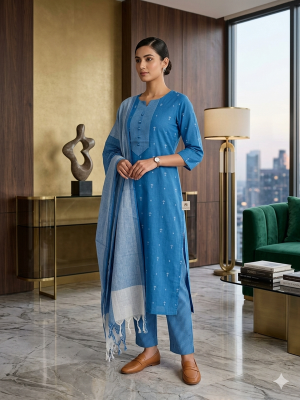 BLUE PURE HANDLOOM COTTON 3 PIECE SALWAR SETS 0533