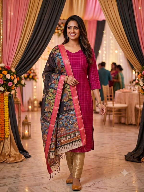 RAW SILK KURTI WITH KALAMKARI DUPPATTA 0509