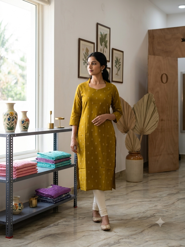 V SHAPED COLLAR PREMIUM COTTON KURTIS MUSTARD 0582