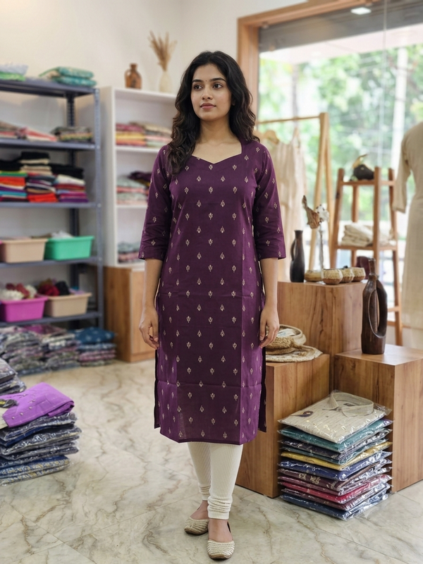 V SHAPED COLLAR PREMIUM FLEX COTTON KURTIS WINE 0582