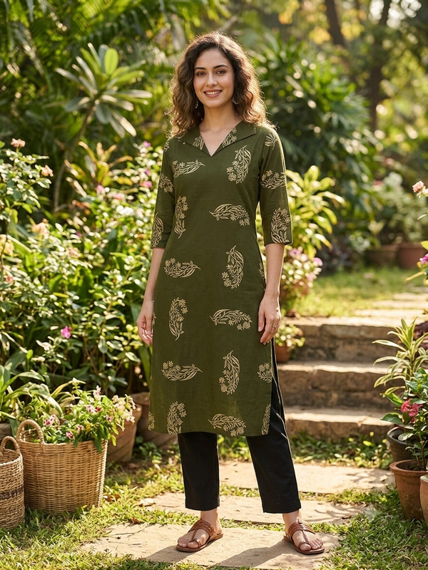 V COLLAR NECK PREMIUM COTTON KURTIS OLIVE GREEN 0599
