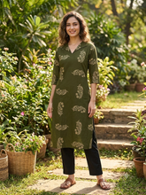 V COLLAR NECK PREMIUM COTTON KURTIS OLIVE GREEN 0599