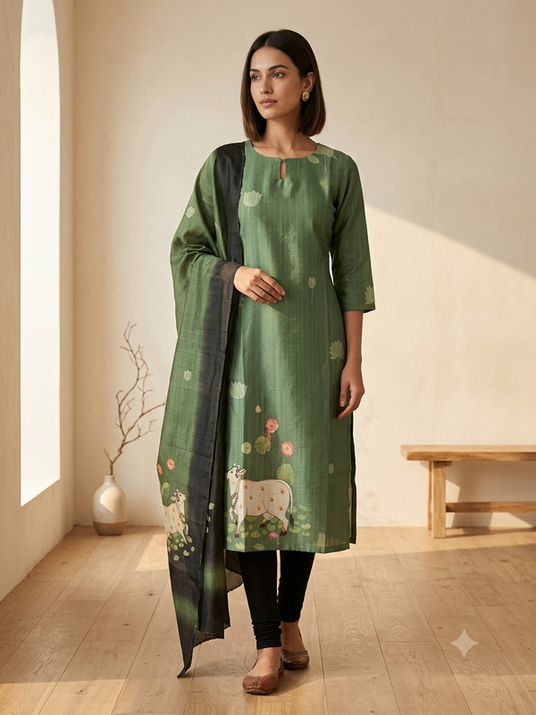 PREMIUM TUSSAR SILK KURTI +DUPPATTA 0658