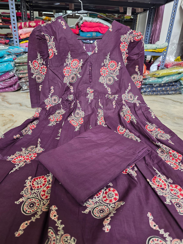 WINE NYRA STYLED CAMBRIC COTTON UMBRELLA KURTI+ PANT SETS 0510