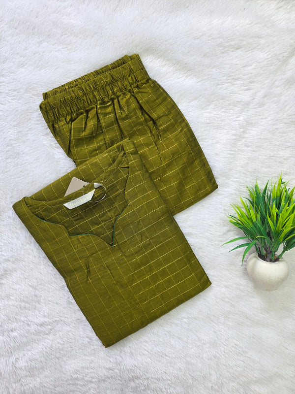 RAW SILK CHECKED CO-ORD SETS OLIVE GREEN 0661