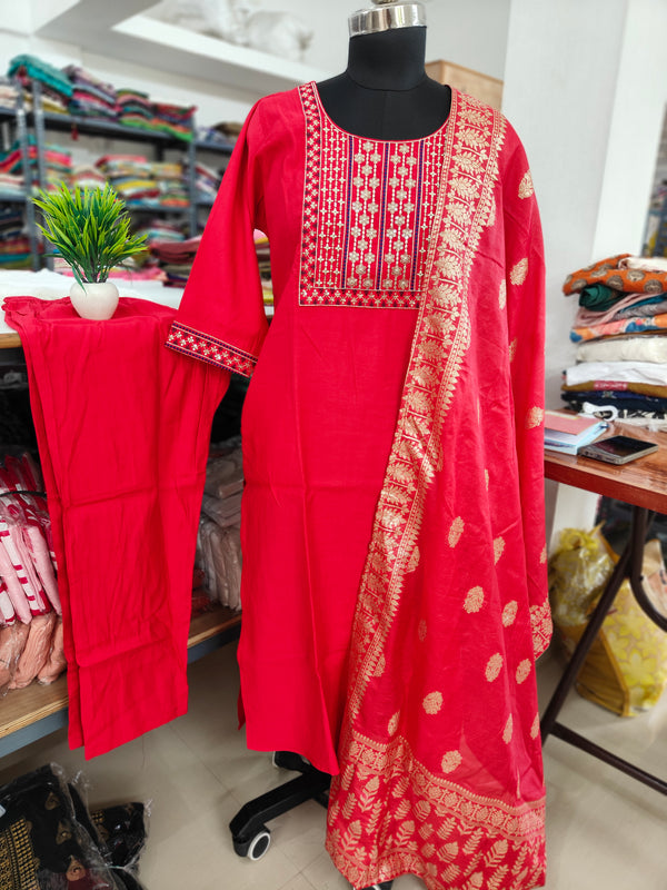 PREMIUM VATICAN SILK RED SALWAR SET WITH BANARASI DUPPATTA 0495