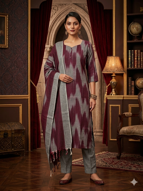 MAROON PREMIUM HANDLOOM IKKAT COTTON SALWAR SETS 0539