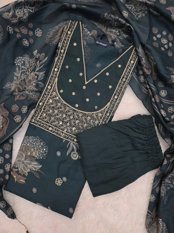 LILY DARK GREEN PREMIUM VATICAN SILK ETHNIC SALWAR SET 0541