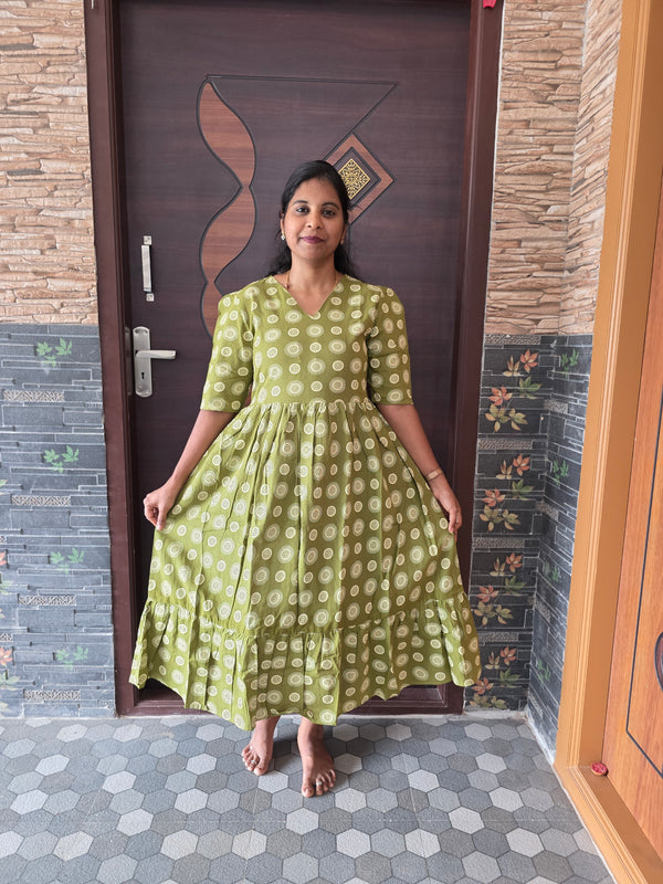 GREEN CIRCLE DESIGN COTTON MAXI DRESS 0550
