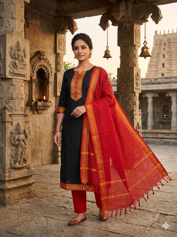 BLACK & RED HANDLOOM MANGALGIRI COTTON SALWAR SETS 0483