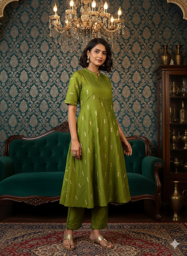 PREMIUM A-LINE APPLE GREEN RAW SILK CORD SETS 0528