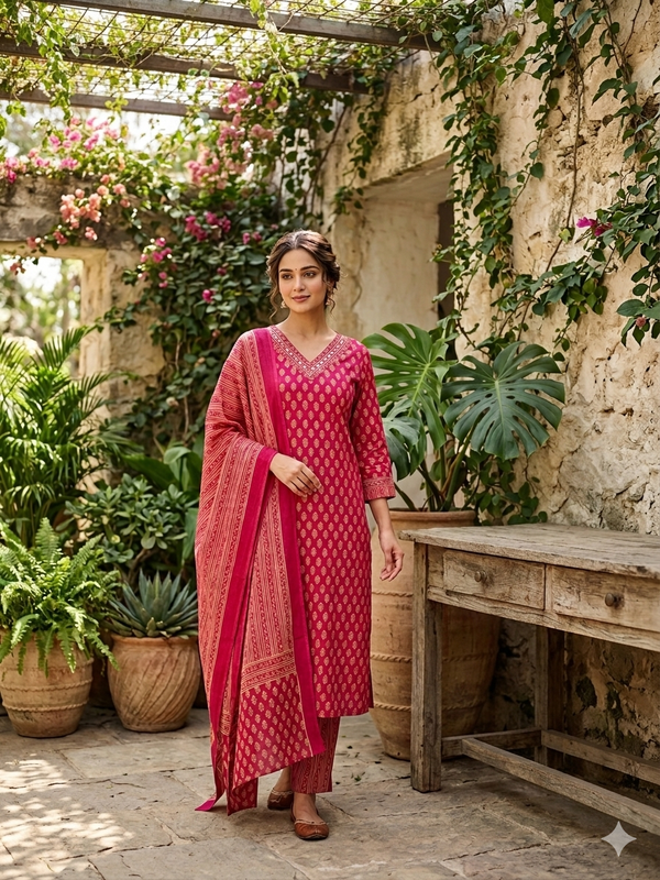 HANDWORK RED MAROON JAIPUR COTTON 3 PIECE SALWAR SETS 0537