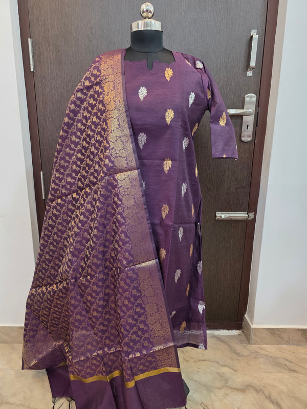 PREMIUM HANDLOOM PURPLE BANARASI KURTIS WITH MATCHING NEEM ZARI WEAVING BORDER 0521