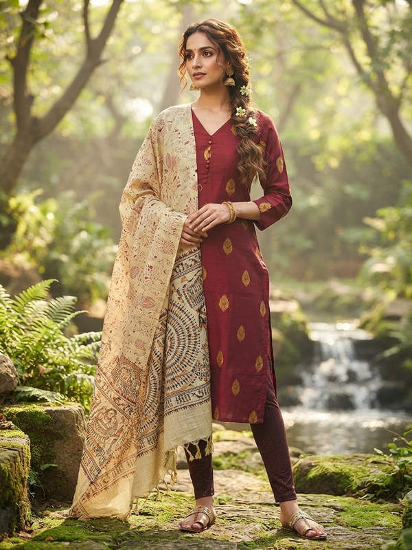 RAW SILK KURTI WITH MADHUBANI DUPATTA 0622