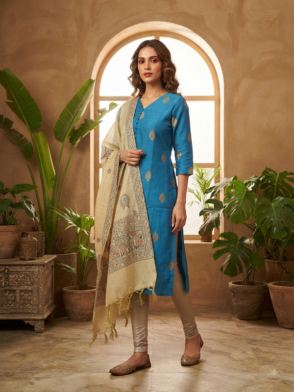 RAW SILK KURTI WITH MADHUBANI DUPATTA 0622