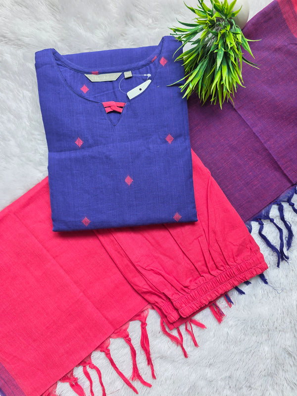 PURPLE BLUE WITH DARK CORAL PINK PREMIUM HANDLOOM DOBBY COTTON SALWAR SETS 0540