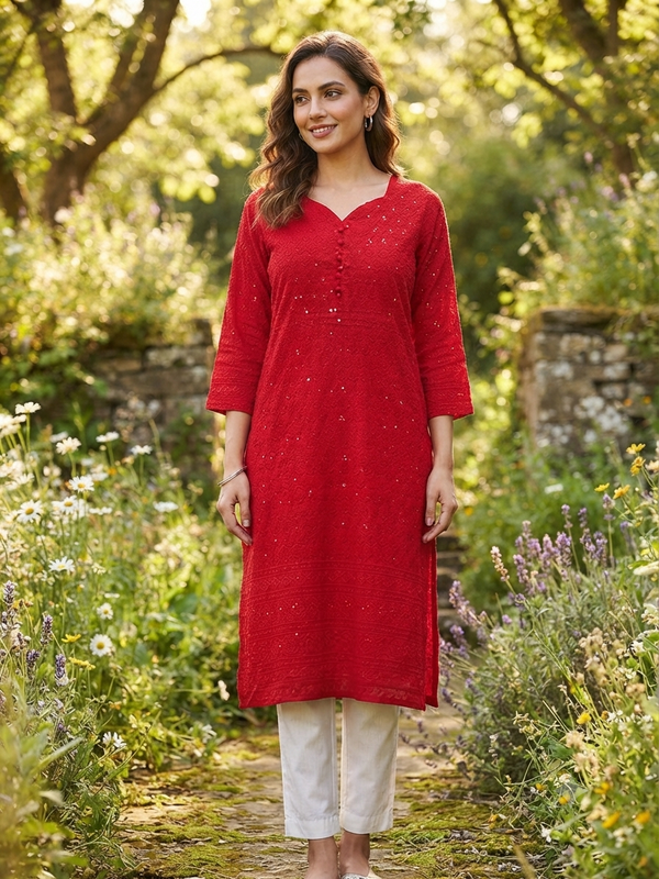 CHIKANKARI KURTIS CHERRY RED 0605
