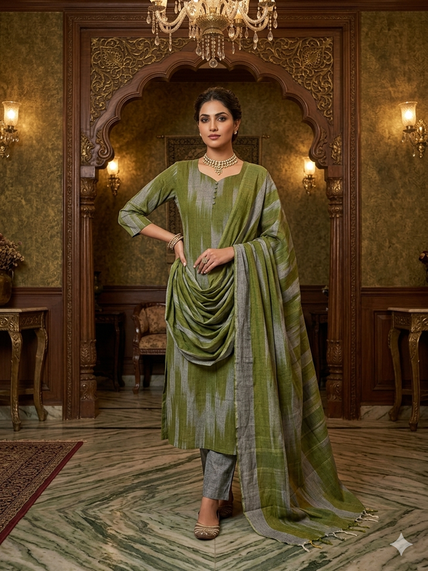 OLIVE GREEN PREMIUM HANDLOOM IKKAT COTTON SALWAR SETS 0539