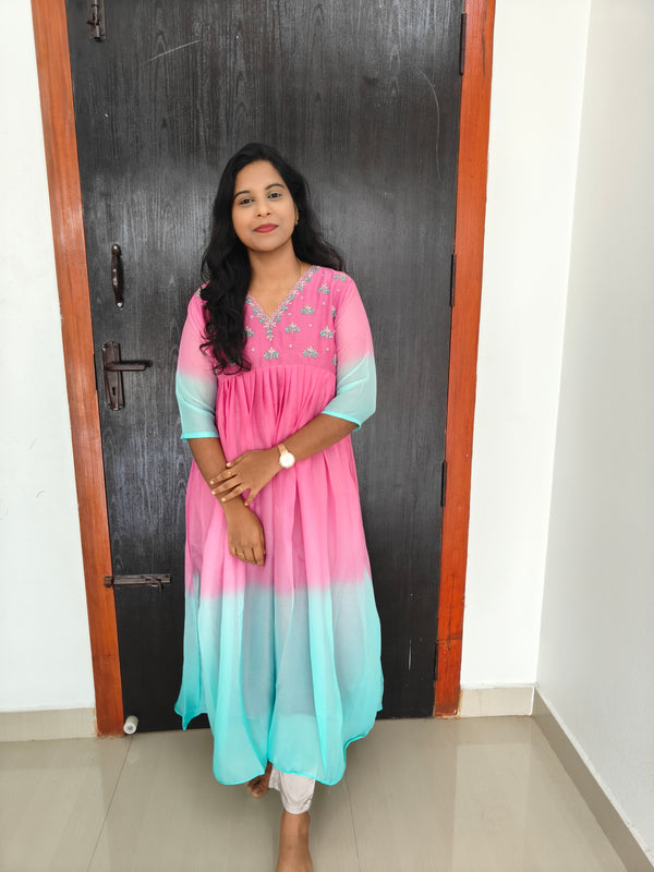 Party Wear Handwork Georgette Dual color Anarkali 0473