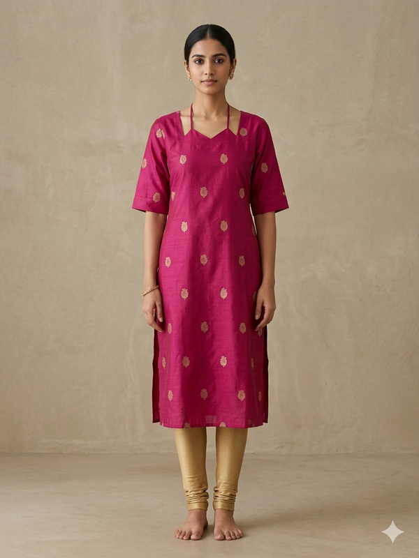 MAGENTA NOODLE NECK RAW SILK KURTIS 0560