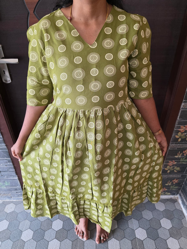 GREEN CIRCLE DESIGN COTTON MAXI DRESS 0550