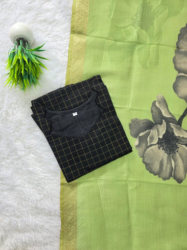 BLACK RAW SILK KURTI WITH KALAMKARI DUPATTA 0604