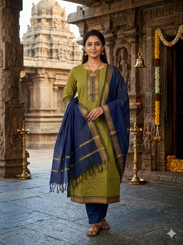 GREEN & NAVY HANDLOOM MANGALGIRI COTTON SALWAR SETS 0483