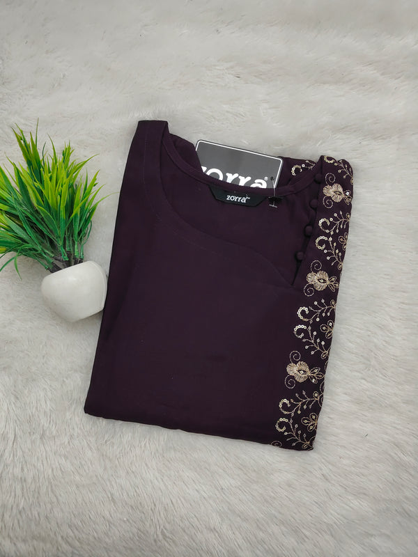 PREMIUM VATICAN SILK  ONE SIDE WINE EMBRODIERY KURTIS 0490