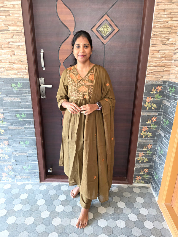 OLIVE GREEN MUL COTTON UMBRELLA SALWAR SETS 0549