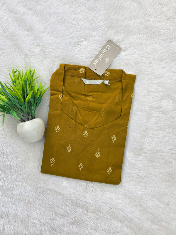 V SHAPED COLLAR PREMIUM COTTON KURTIS MUSTARD 0582