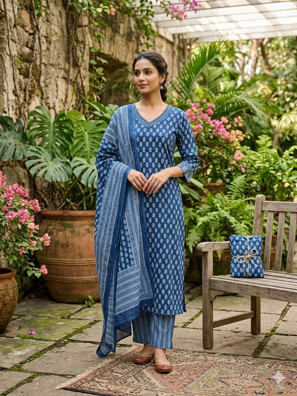 HANDWORK INDIGO JAIPUR COTTON 3 PIECE SALWAR SETS 0537