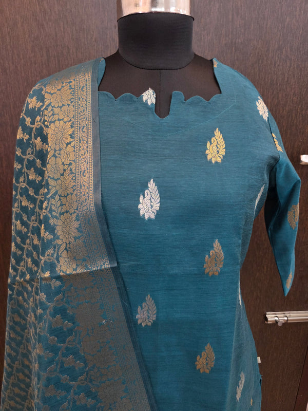 PREMIUM HANDLOOM PEACOCK GREEN BANARASI KURTIS WITH MATCHING NEEM ZARI WEAVING BORDER 0521